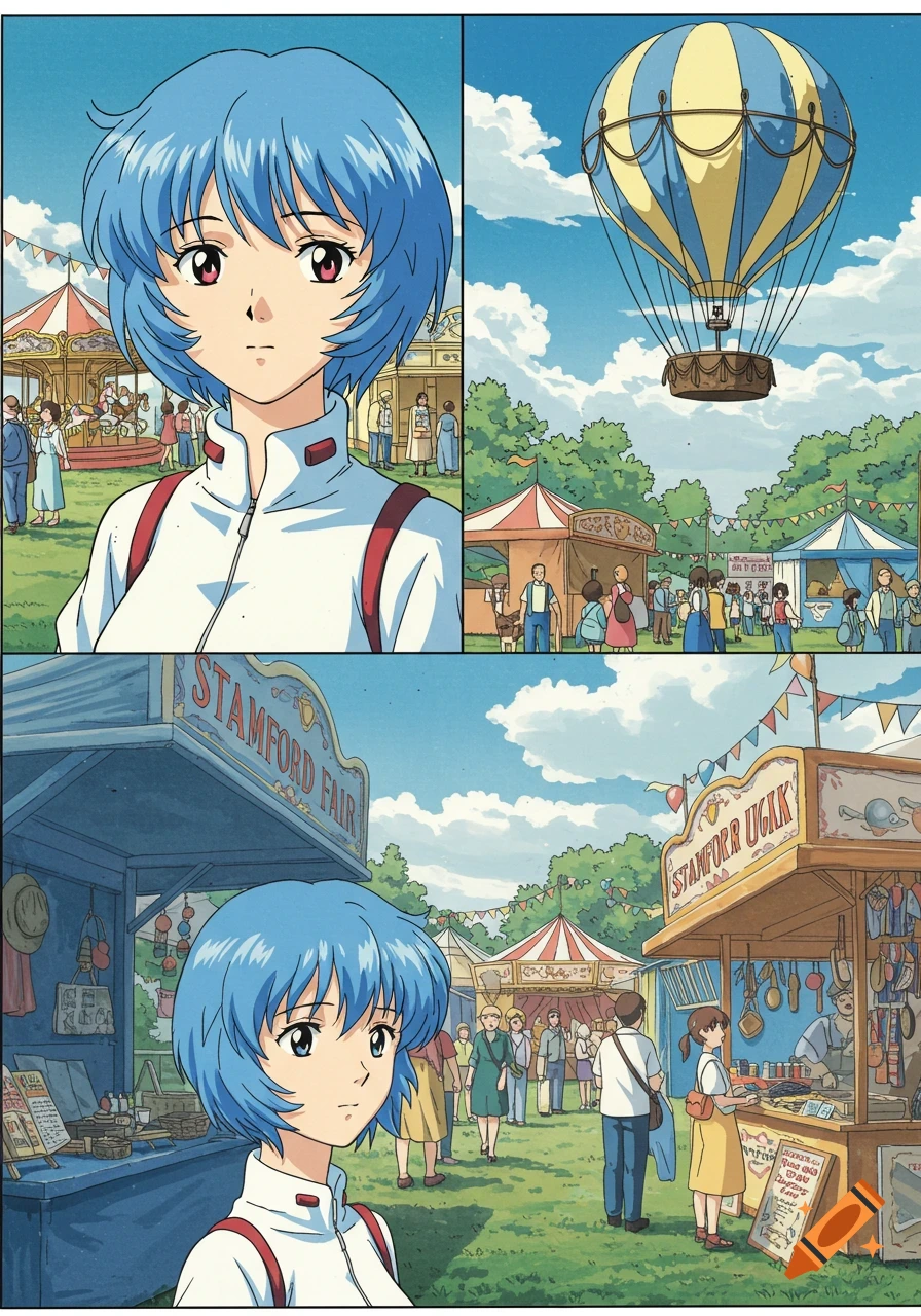 A 4-panel anime comic shows Rei Ayanami at a fair with a carousel, market stalls, and a hot air balloon in the sky.