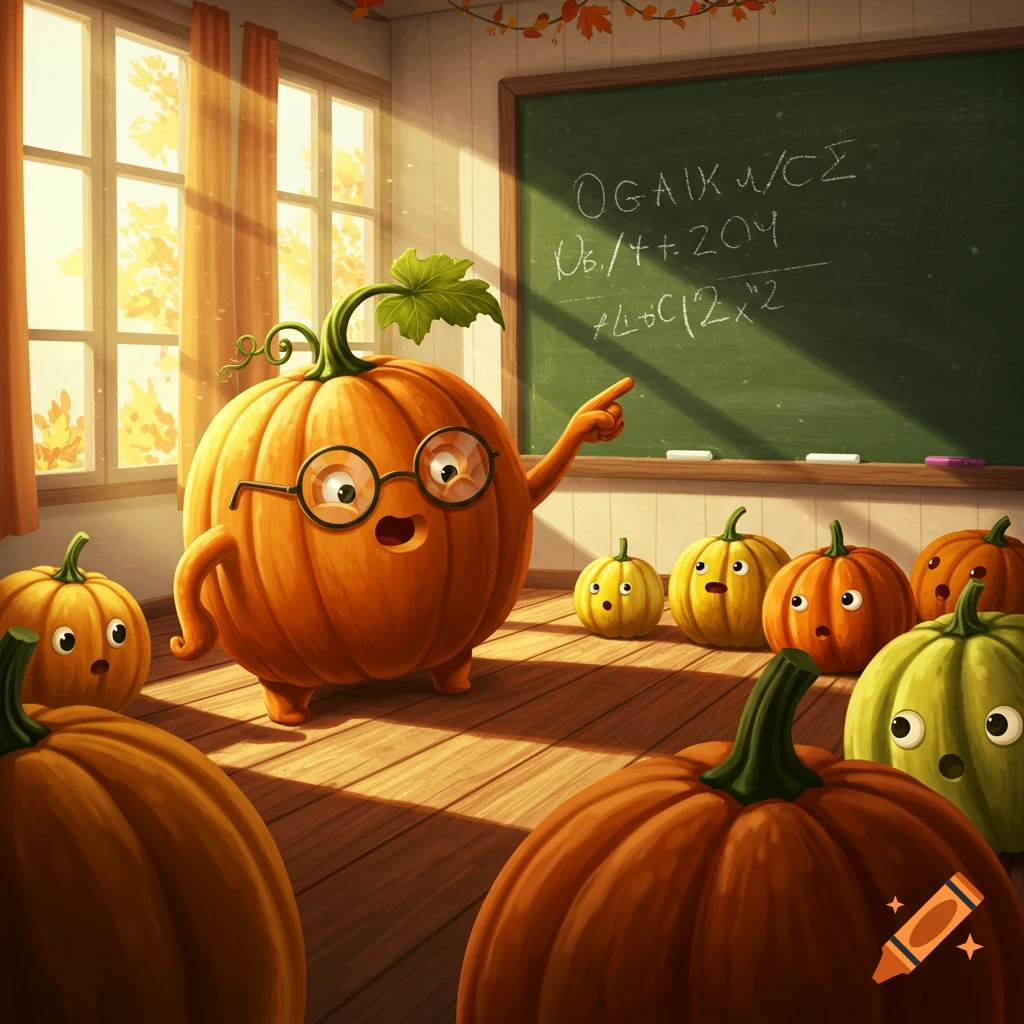 A cartoon pumpkin with glasses teaches a class of smaller pumpkins in a sunny classroom with a blackboard.