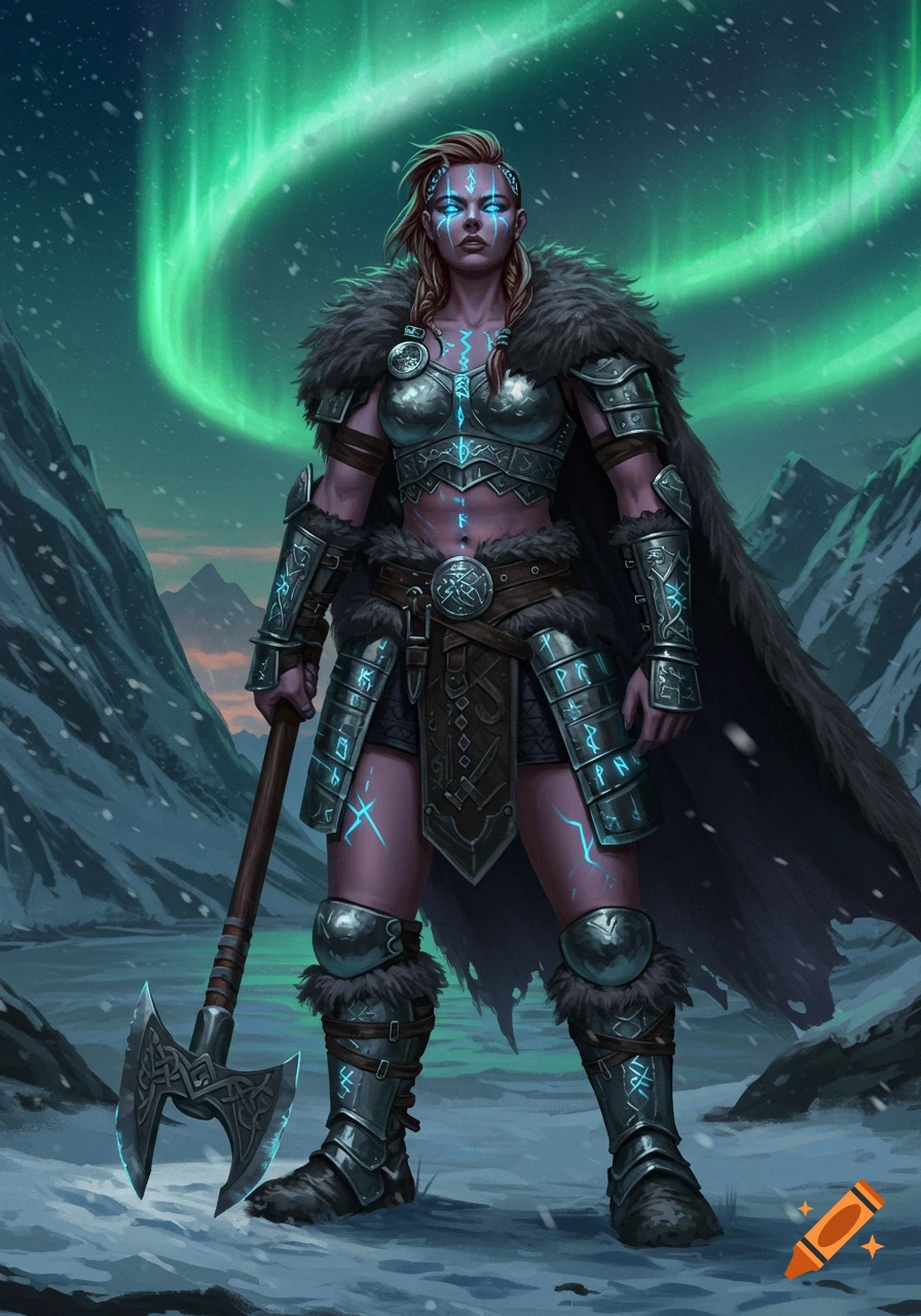 A female Viking-style warrior with glowing runes on her armor and skin, holding an axe in a snowy mountain landscape under green aurora.