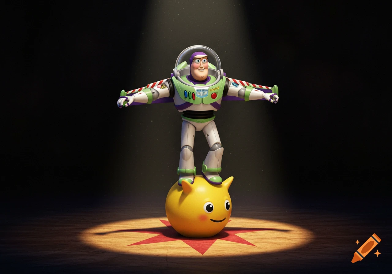 Buzz Lightyear in a spotlight, confidently balancing on a squishy yellow rubber ball with a red star on the floor, arms splayed.