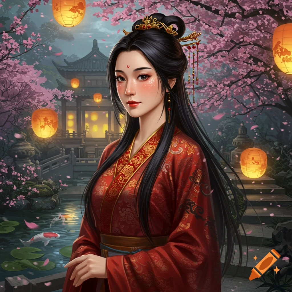 A beautiful Asian woman in a red traditional dress and elaborate hair ornament stands in a cherry blossom garden with lanterns and a temple.