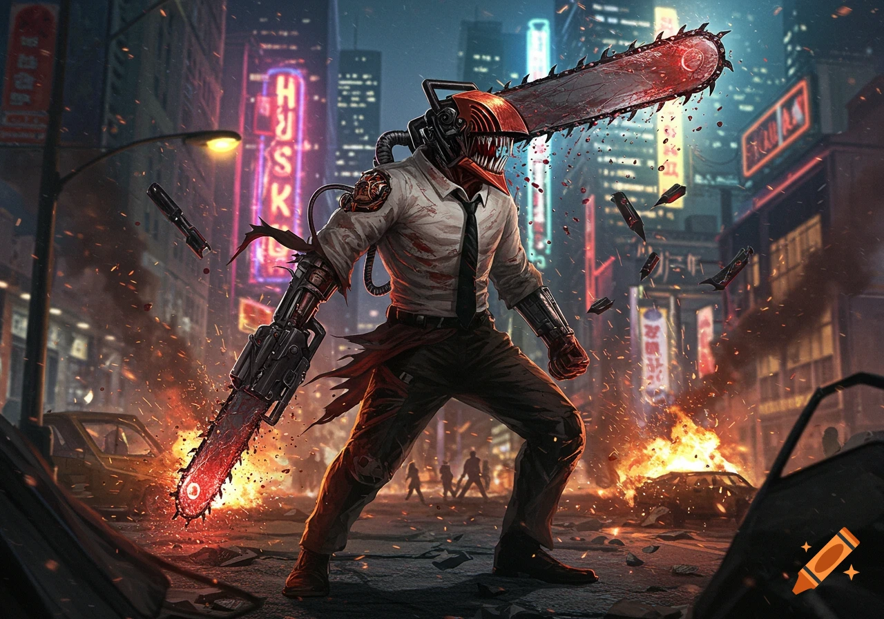 Chainsaw Man stands menacingly in a destroyed, burning cyberpunk city street at night, a chainsaw on his head and arm, in an anime style.