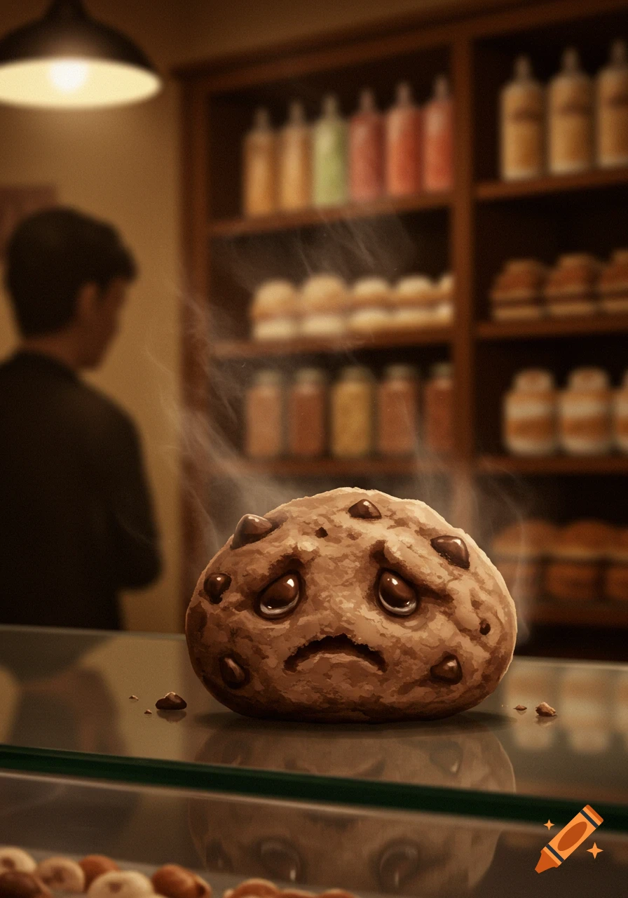 A sad, steaming chocolate chip cookie with wide, teary eyes sits on a reflective counter in a blurred bakery.
