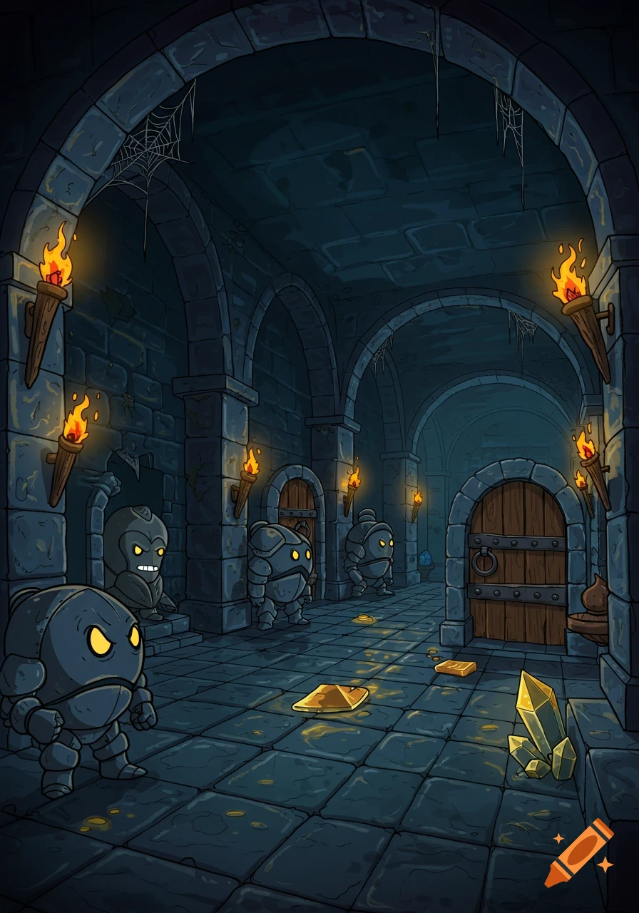 A cartoon dark dungeon hallway with stone walls, glowing torches, several squat rock-like creatures, and scattered gold.