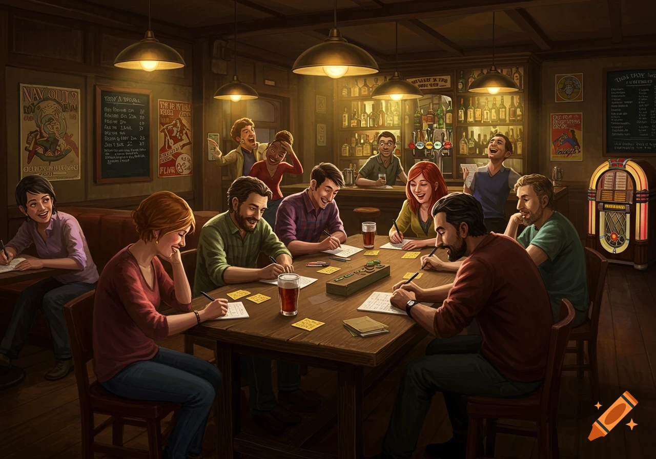 An illustrated scene of people at a pub quiz, writing answers at a wooden table in a dimly lit, cozy pub.