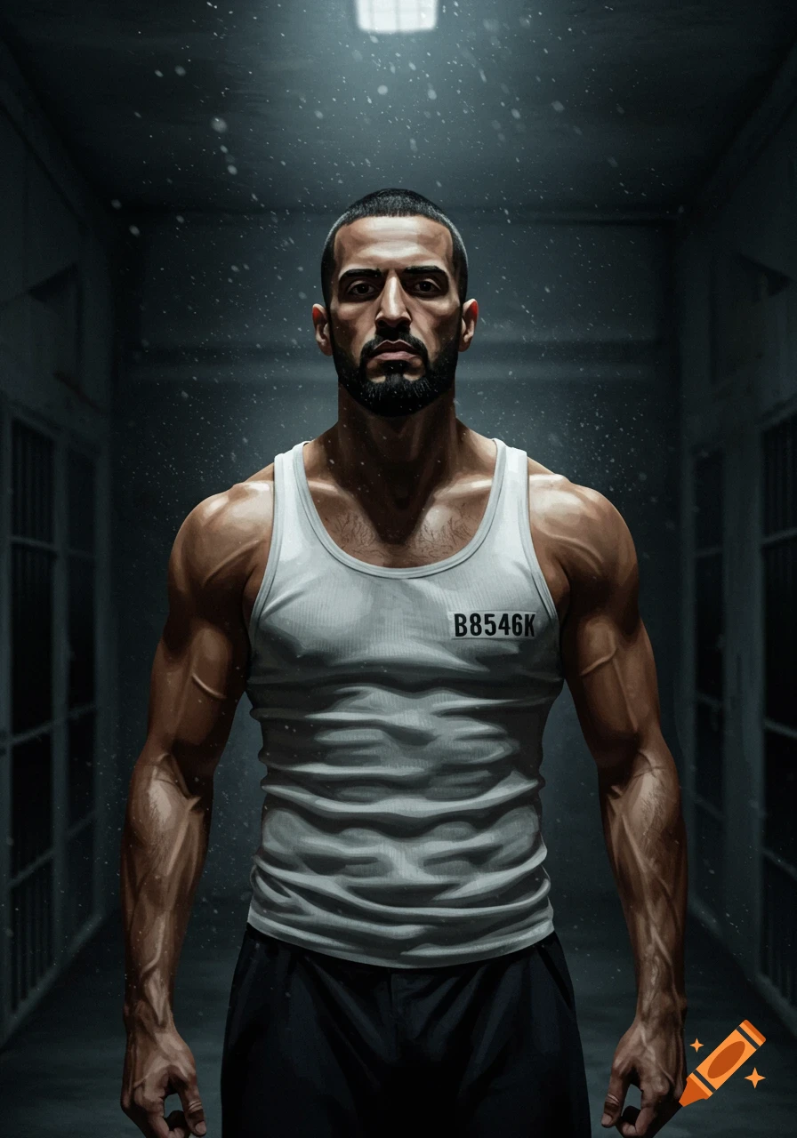 Muscular man in a white tank top with 'B8546K' in a dark, gritty prison hallway.