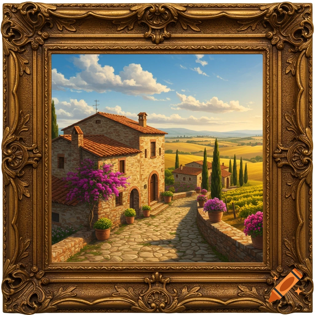 Vibrant painting of a Tuscan landscape with stone houses, cypress trees, vineyards, and hills, framed in ornate gold.