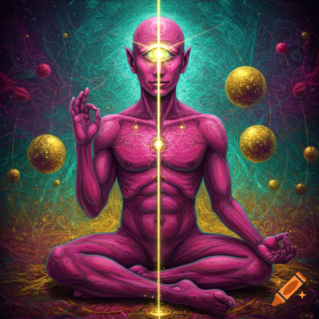 A vibrant, pink-skinned humanoid with a third eye in a lotus position, radiating light, surrounded by golden spheres and a swirling, colorful background in a psychedelic art style.