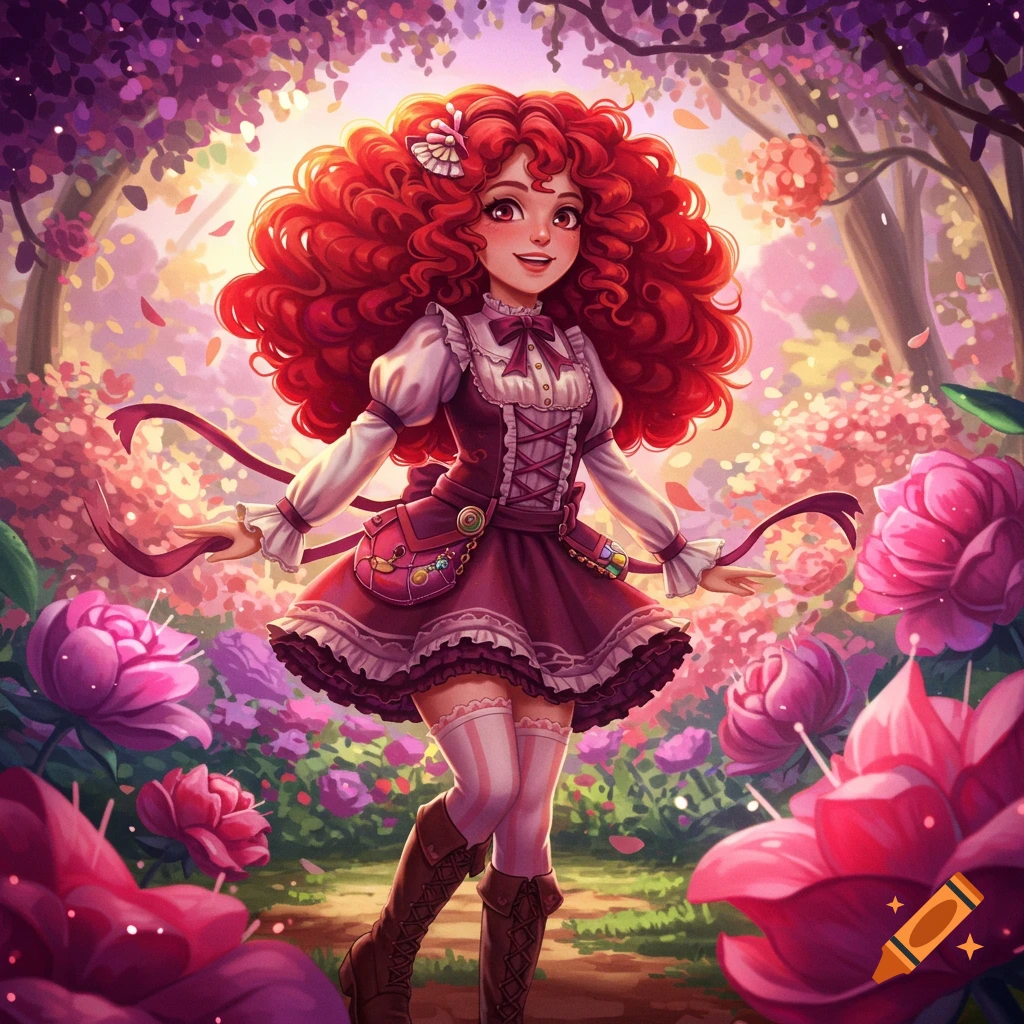 A vibrant anime-style girl with voluminous red curly hair and a ruffled dress stands smiling in a magical forest filled with pink and purple flowers.