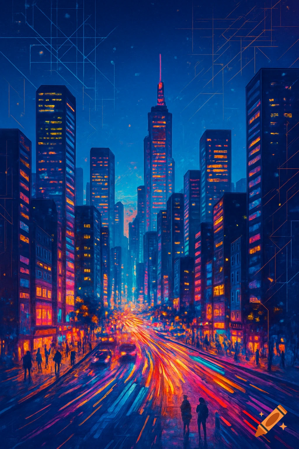 Vibrant, stylized digital painting of a bustling city at night with tall buildings and light trails from traffic.