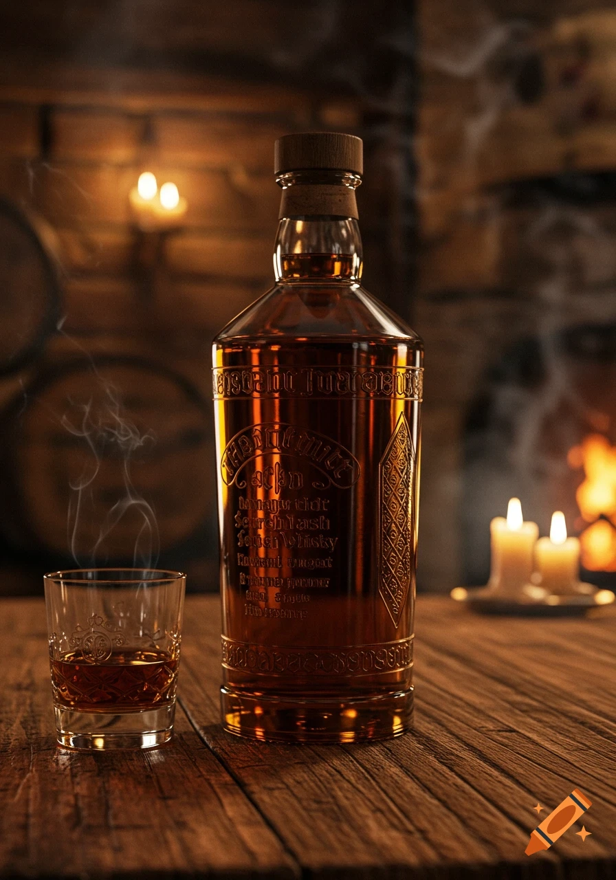A photorealistic whisky bottle and glass on a wooden table in a dimly lit, cozy room with a fireplace.