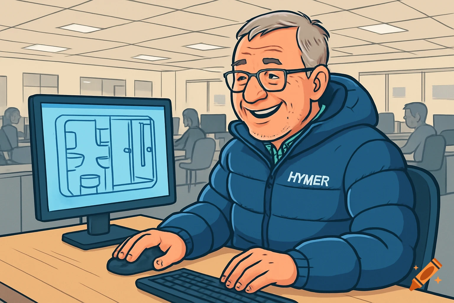 A smiling, older man in a blue HYMER jacket works on a computer in a comic style office, designing a bathroom layout.
