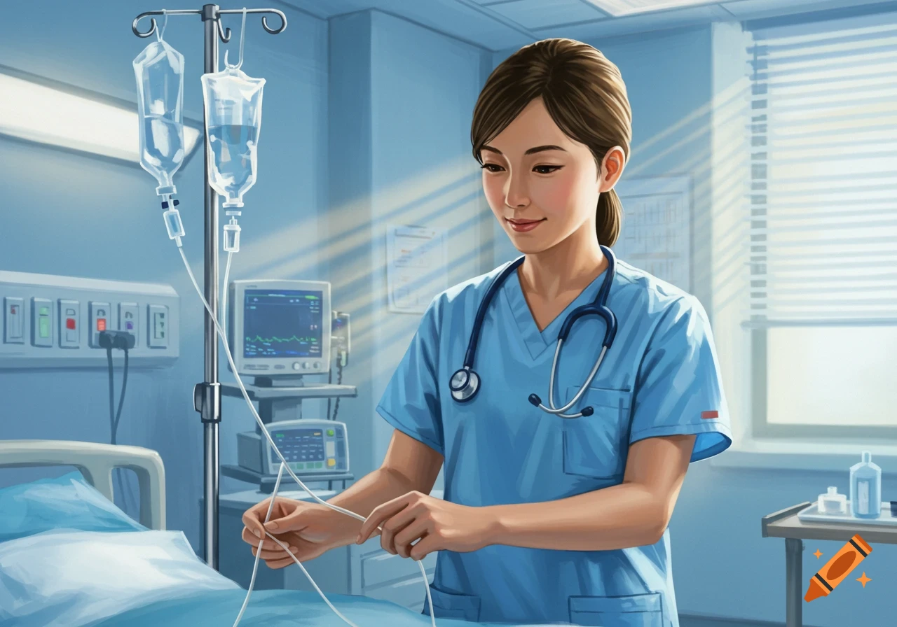 An illustrated nurse in blue scrubs adjusts IV bags and lines in a hospital room.