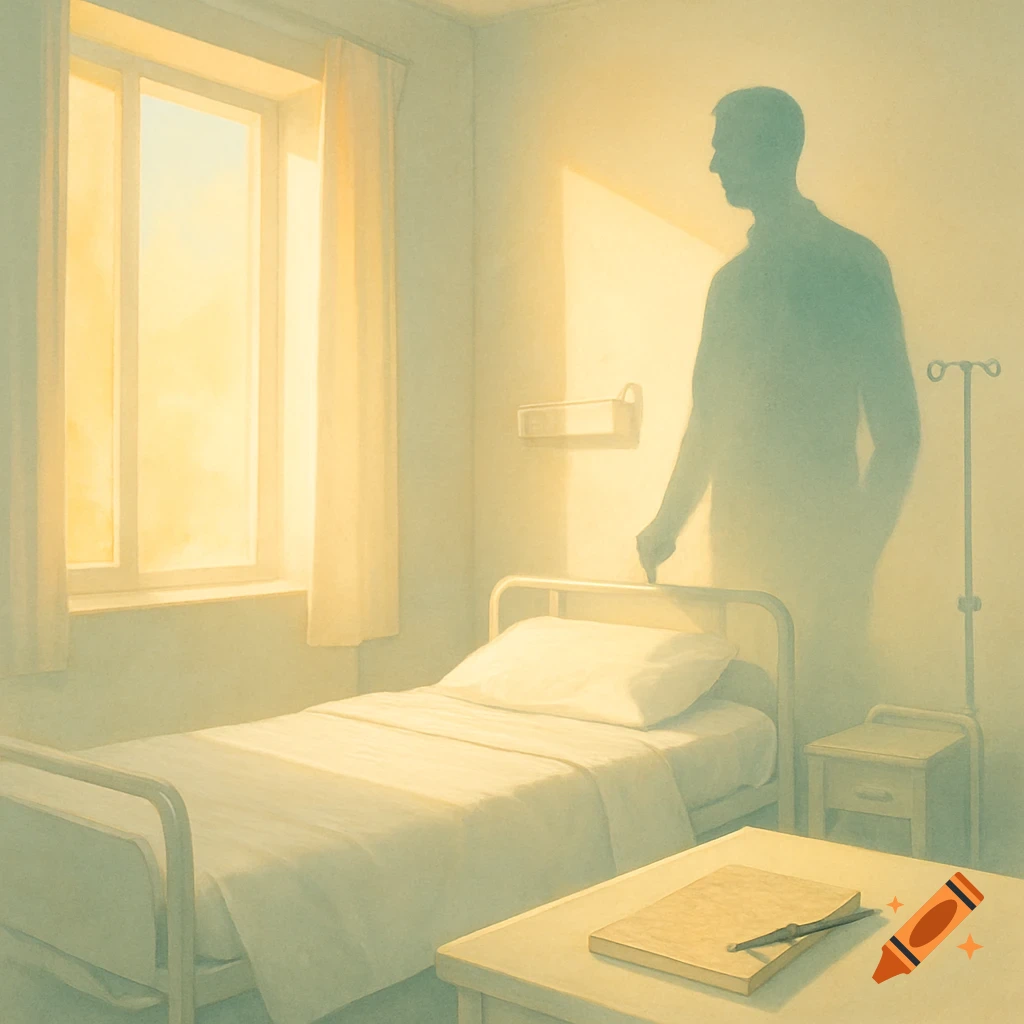 A sunlit hospital room with an empty bed, a notebook and pen on a table, and a translucent male silhouette.