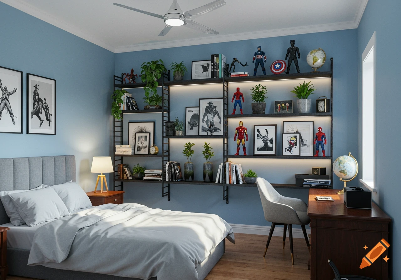 A modern guest bedroom with light blue walls, a grey bed, a dark wooden desk, and a large shelf system displaying plants and Marvel action figures.