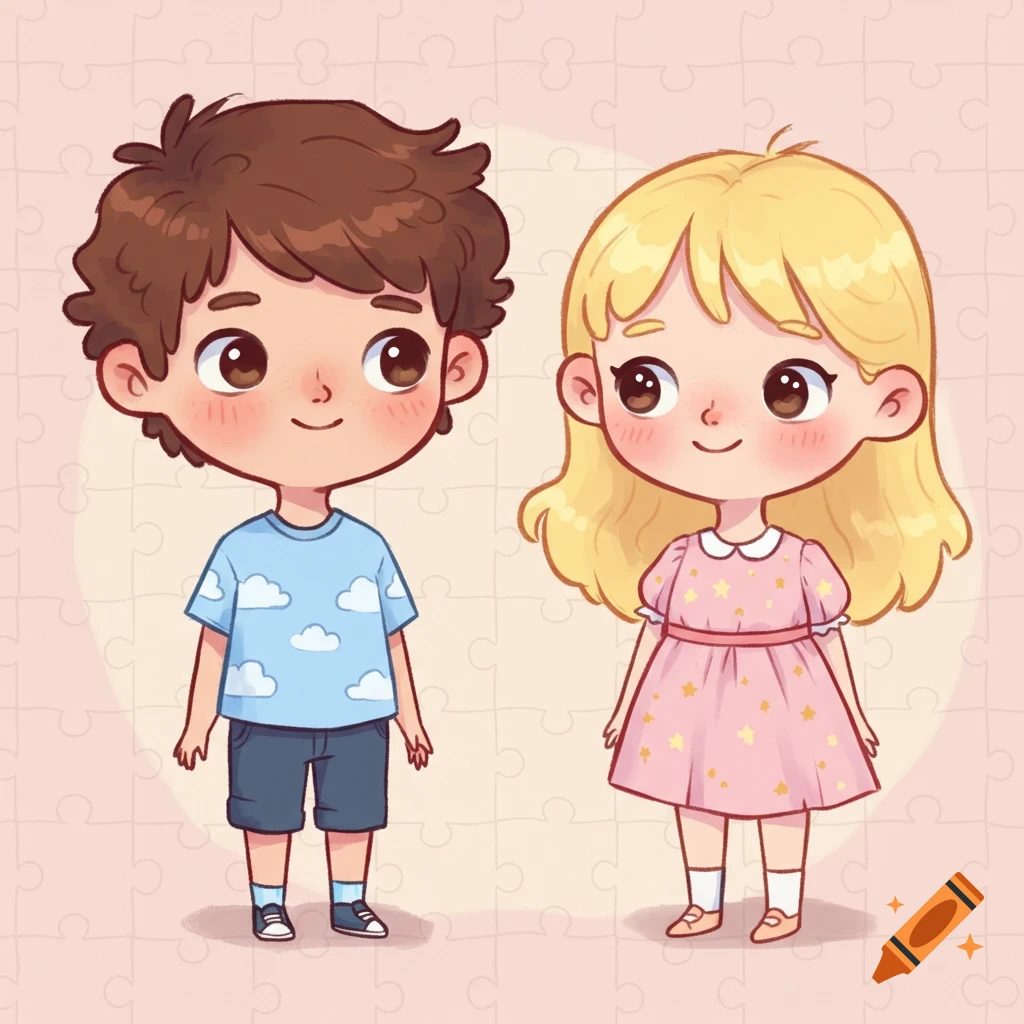 Cute cartoon boy and girl standing side-by-side with a puzzle-piece background.