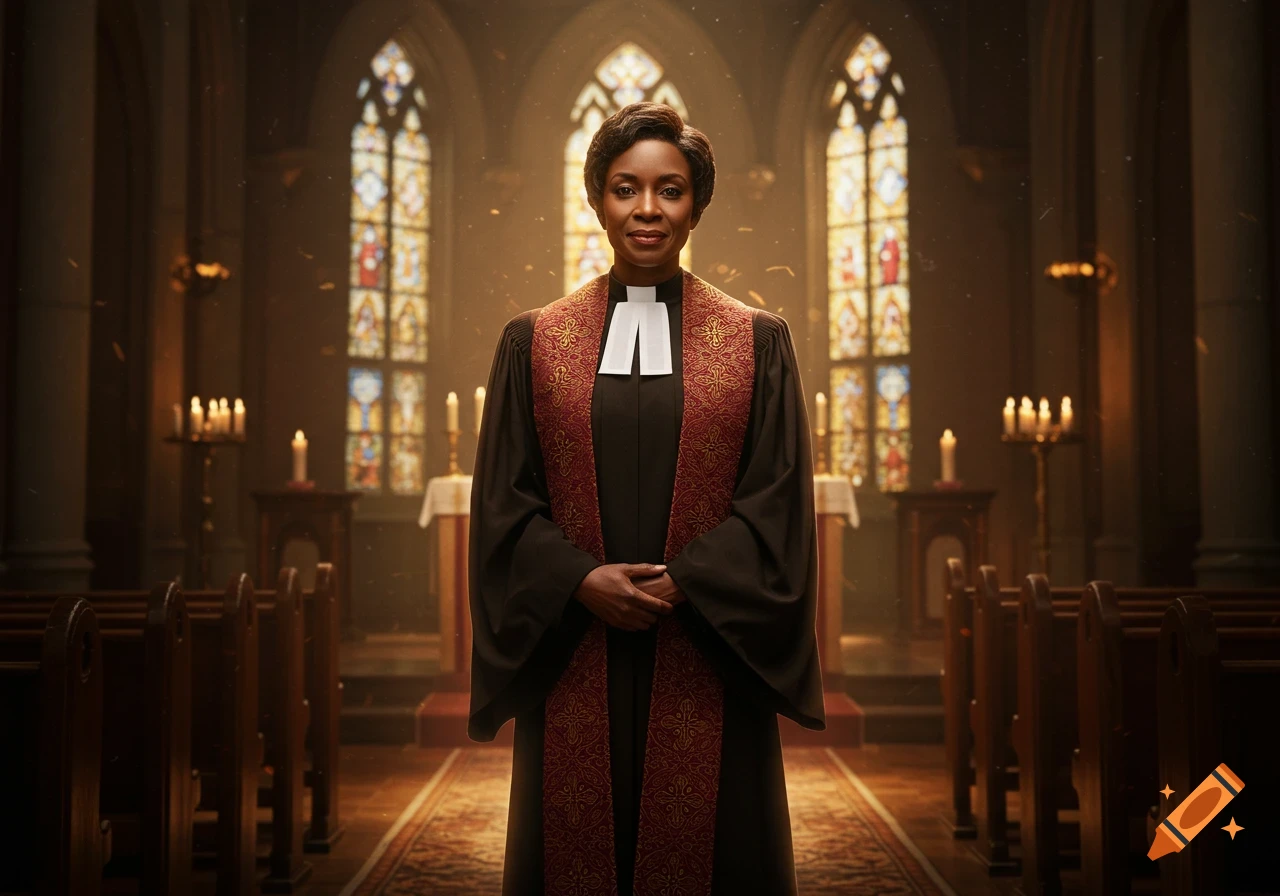 A photorealistic image of a smiling female minister standing in a dimly lit church with stained glass windows and pews.