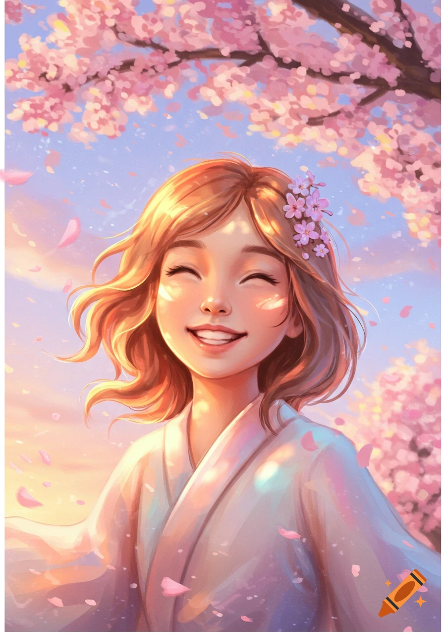 Anime-style illustration of a smiling girl with flowers in her hair, surrounded by pink cherry blossoms in a warm, soft light.