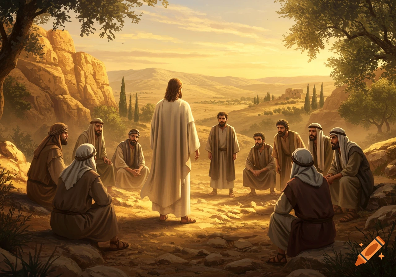 Jesus, seen from behind, addresses his disciples seated and standing in a warm, golden-lit desert landscape, painted style.
