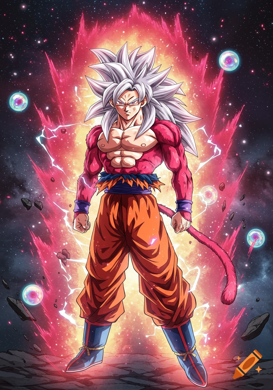 Anime character Goku in a powerful transformation with white hair, red fur, and a tail, emitting red energy in a cosmic setting.
