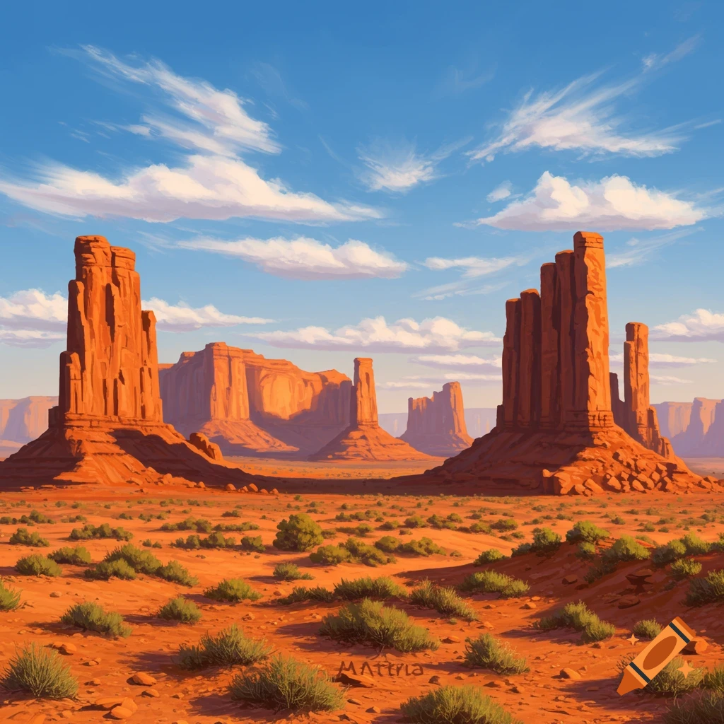 An illustration of a vibrant red rock desert landscape under a blue sky with scattered clouds.