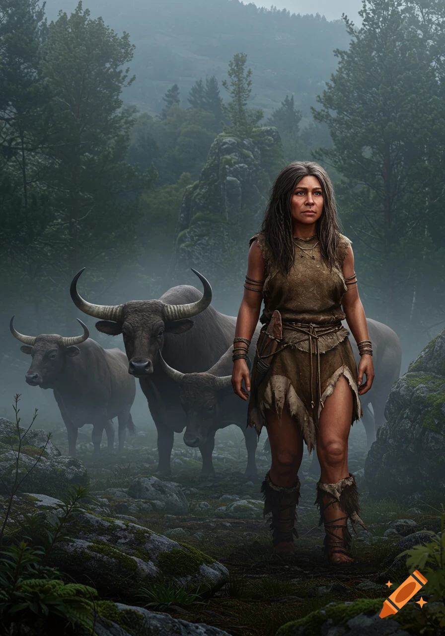 A hyperrealistic depiction of a prehistoric woman in primitive attire, standing in a misty, mossy forest with three large aurochs.