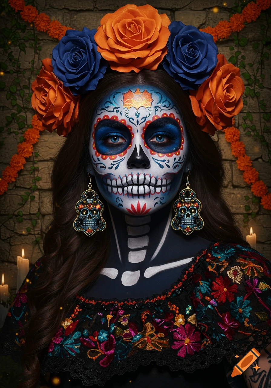 A woman with intricate sugar skull face paint, a vibrant floral crown, and embroidered dress, in a photorealistic style.