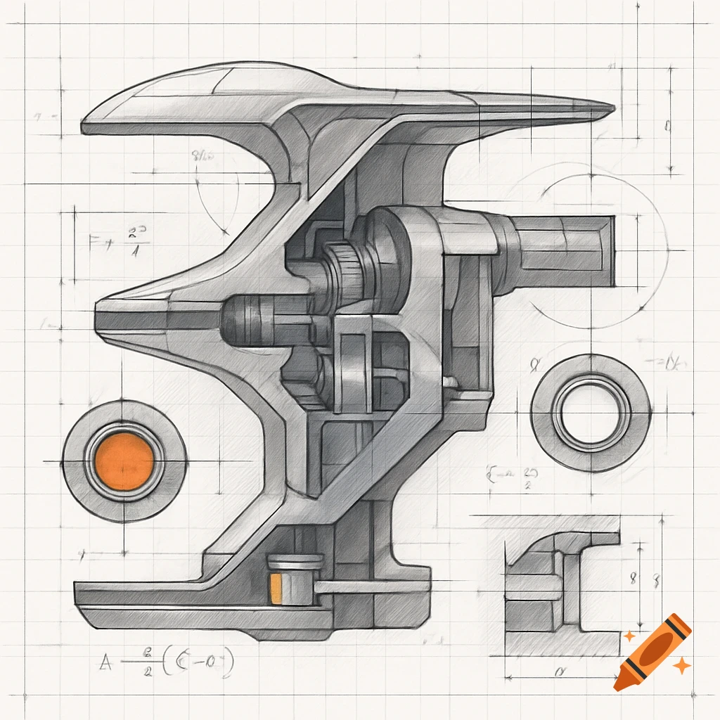 A detailed technical drawing of a complex mechanical part, shown in cross-section and various views, rendered on grid paper.