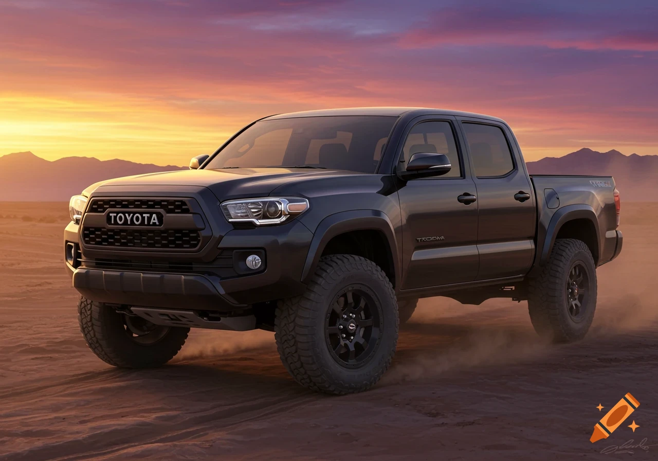 A dark grey Toyota Tacoma pickup truck with large tires drives through a desert landscape at sunset, with mountains in the background.