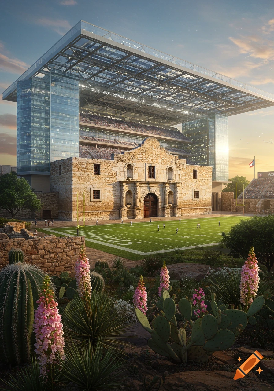 A conceptual photorealistic image showing the historic Alamo mission integrated with a modern football stadium, surrounded by desert plants.