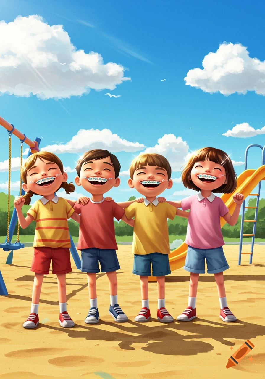 Four happy cartoon children with braces stand arm-in-arm on a sunny playground.