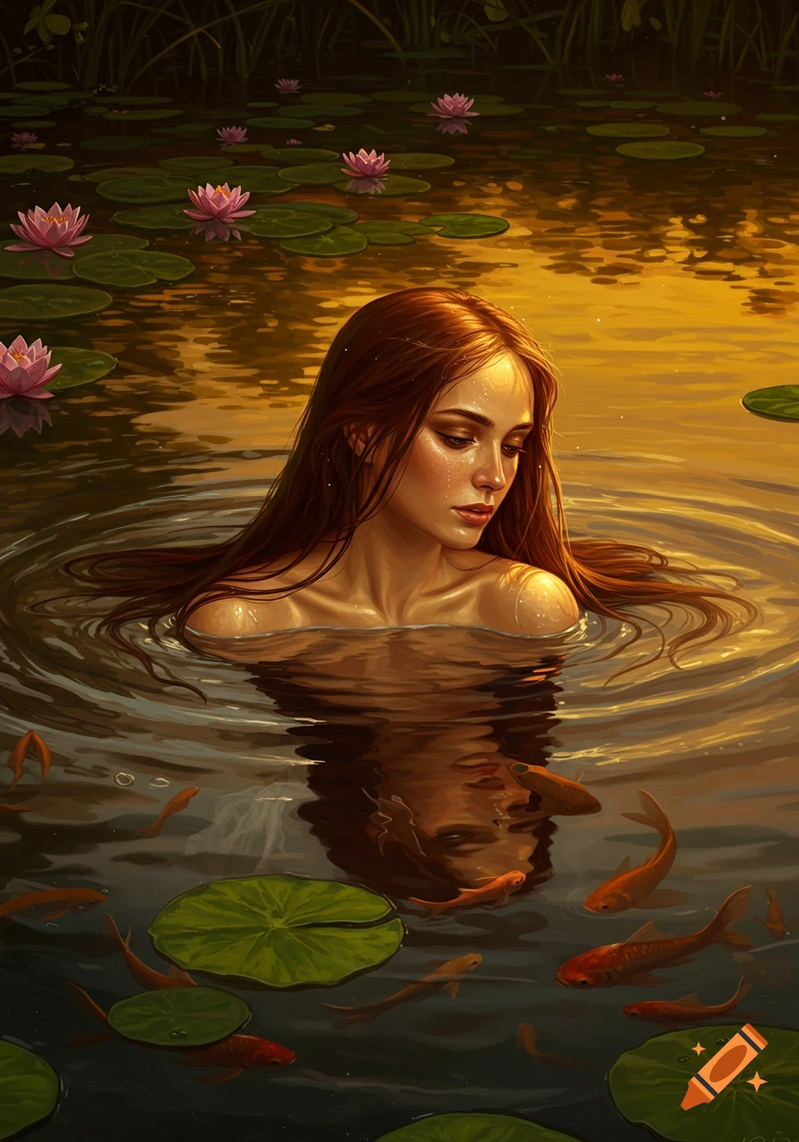 A hyperrealistic painting of a woman with long hair emerging from a sunlit pond filled with pink water lilies and goldfish.