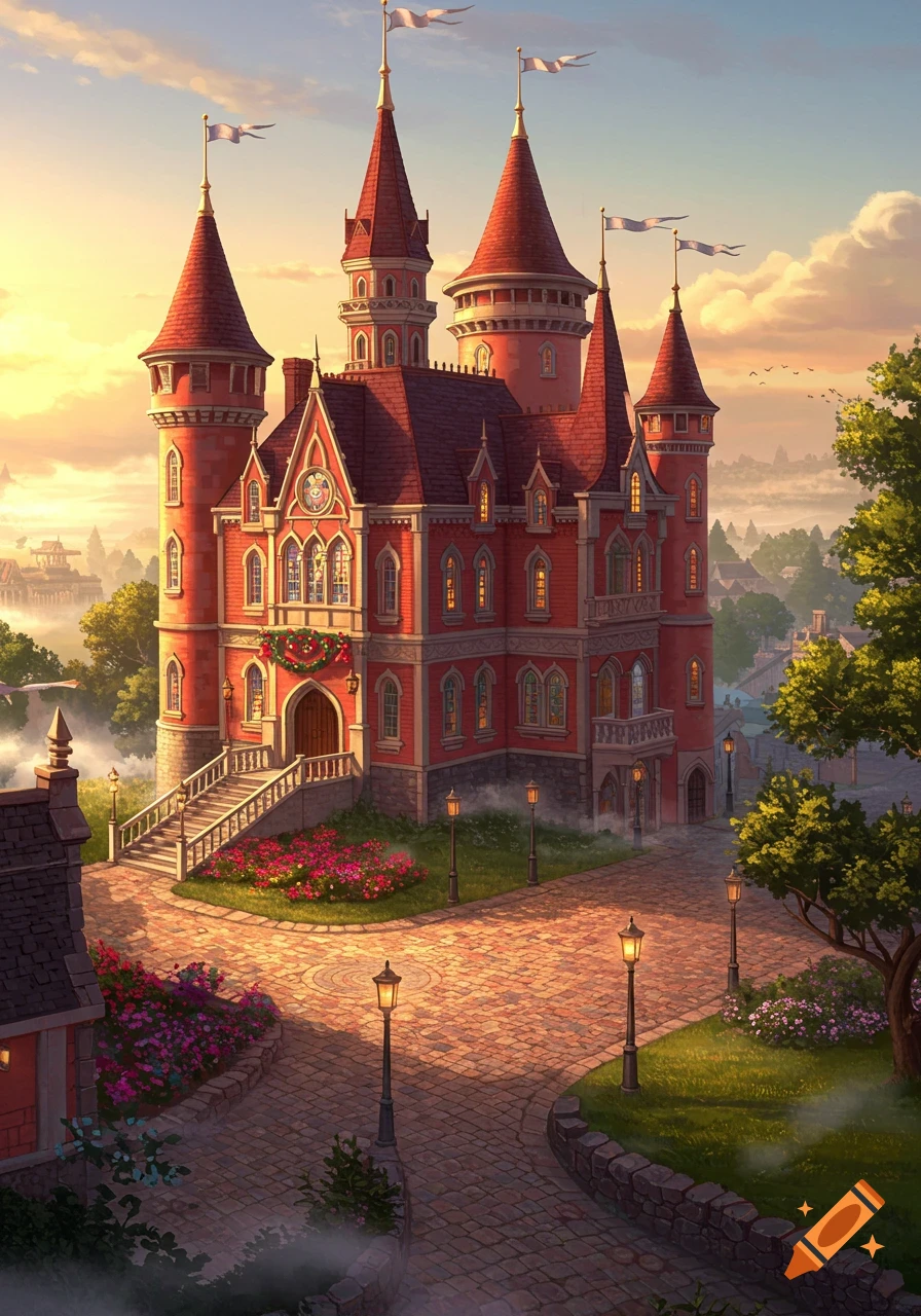 A vibrant red fairytale castle with multiple spires and flags, nestled amidst cobblestone paths and colorful flowers at golden hour.
