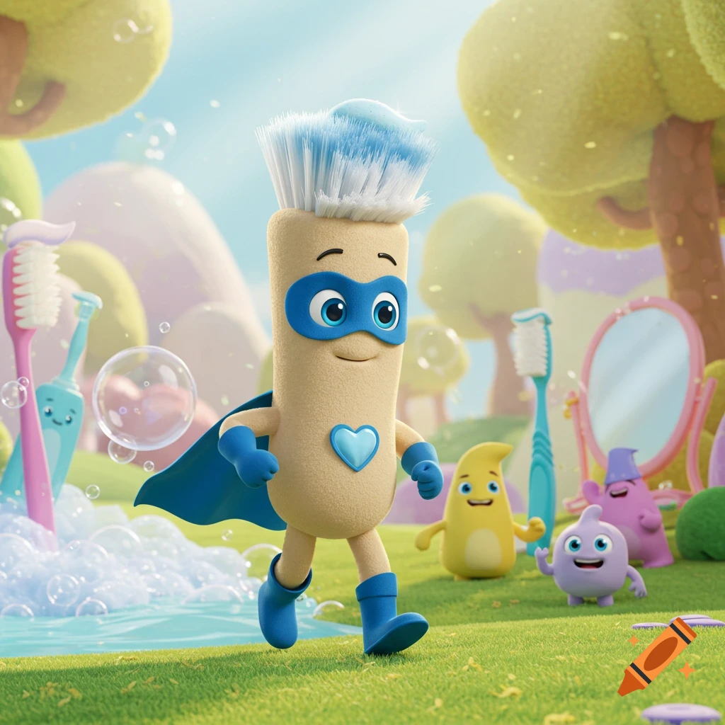 A cute cartoon superhero toothbrush character with a blue mask and cape runs through a bright, clean, magical hygiene world.