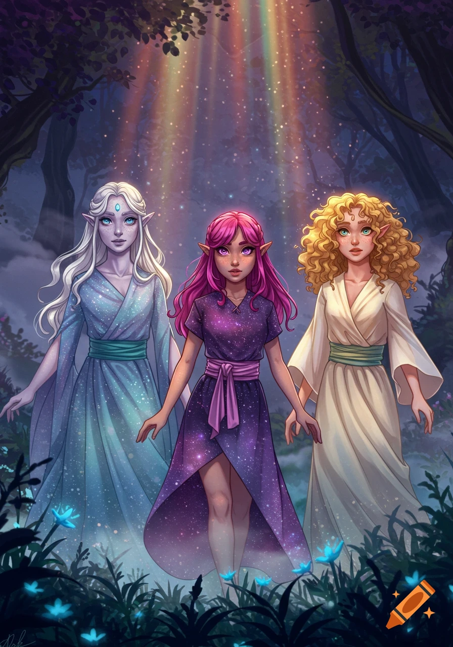Three fantasy elves with long hair and flowing dresses stand in a magical, glowing forest with rainbow light and sparkling particles.
