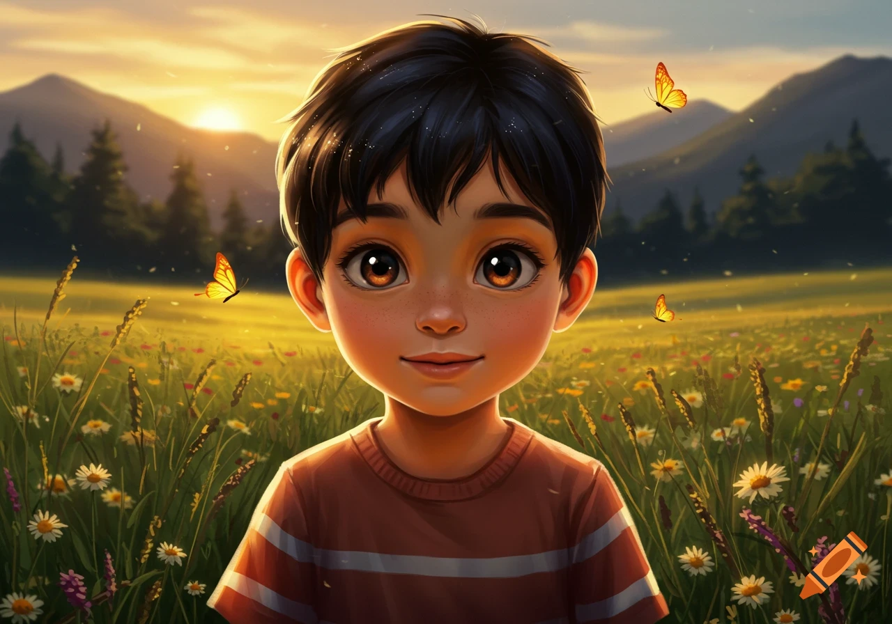A cute illustrated boy with big brown eyes and black hair smiles in a sunlit field with butterflies and mountains at sunset.