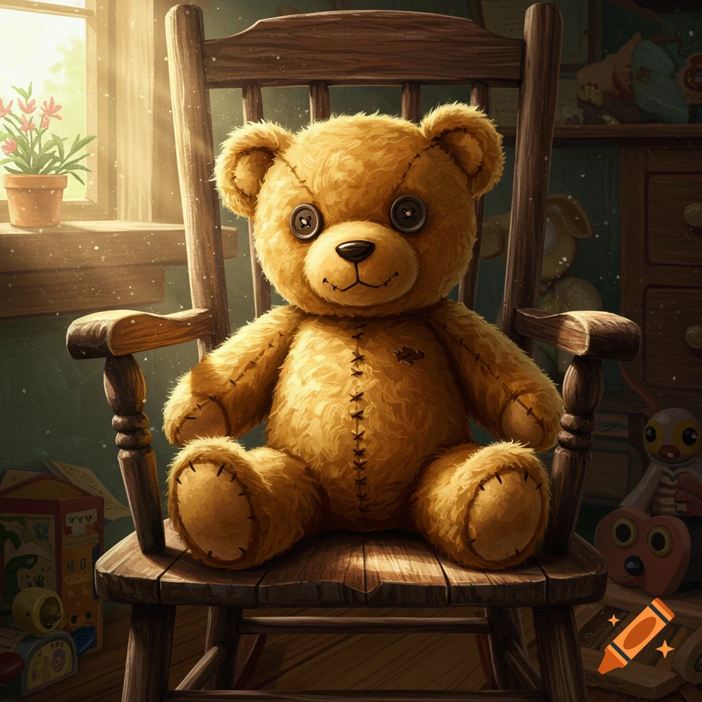 A golden brown teddy bear with button eyes and stitched seams sits in a wooden rocking chair in a sunlit room filled with toys.
