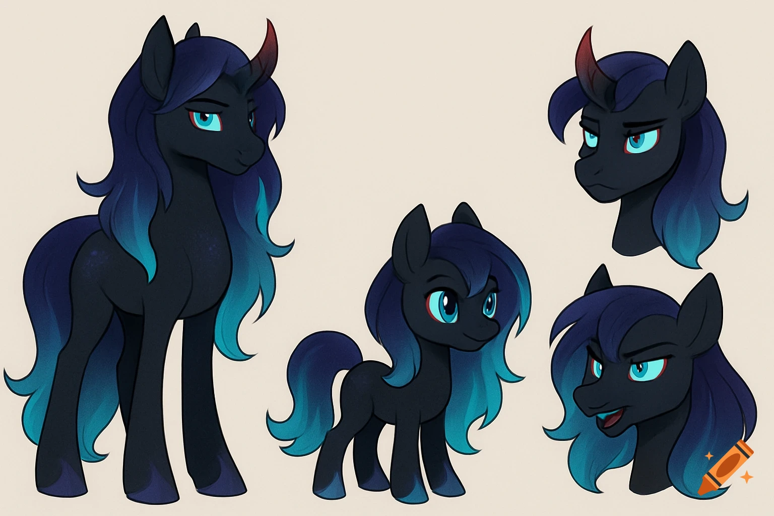 A My Little Pony style character reference sheet showing an adult and foal unicorn with dark coats, blue-teal manes, and red-tipped horns.