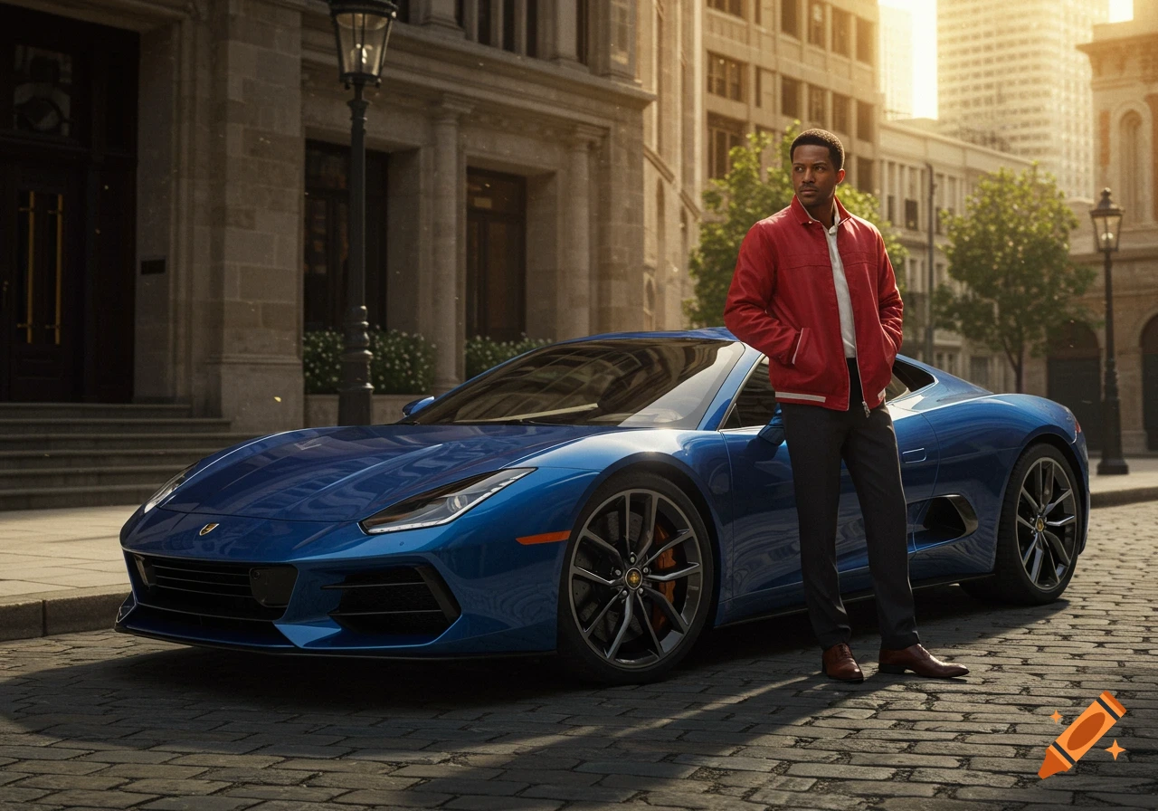 A man in a red jacket stands next to a blue luxury sports car on a cobblestone street in a city, photorealistic.