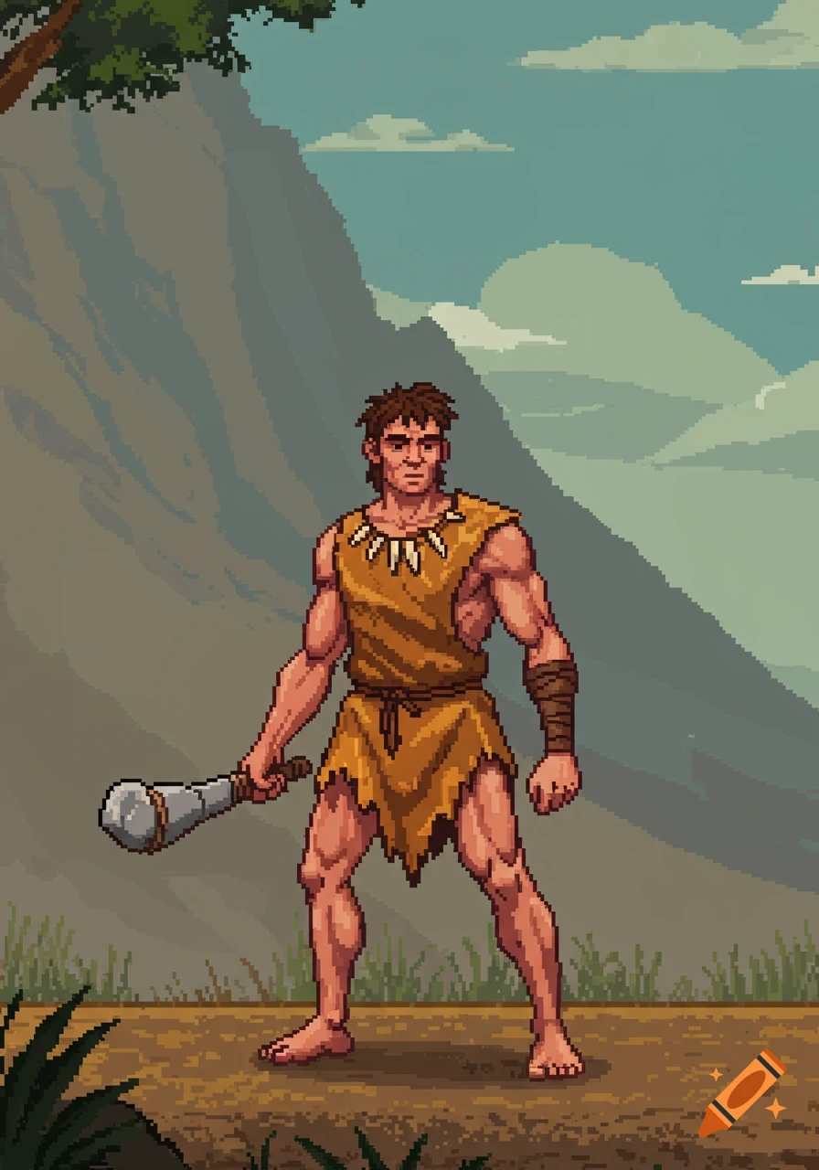 Pixel art of a muscular primitive man wearing animal hides and a bone necklace, holding a stone club, with mountains in the background.