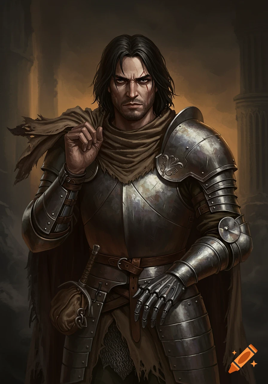 A grim human fighter with dark hair, a facial scar, and a metallic prosthetic left hand wears worn half-plate armor and tattered cloth.