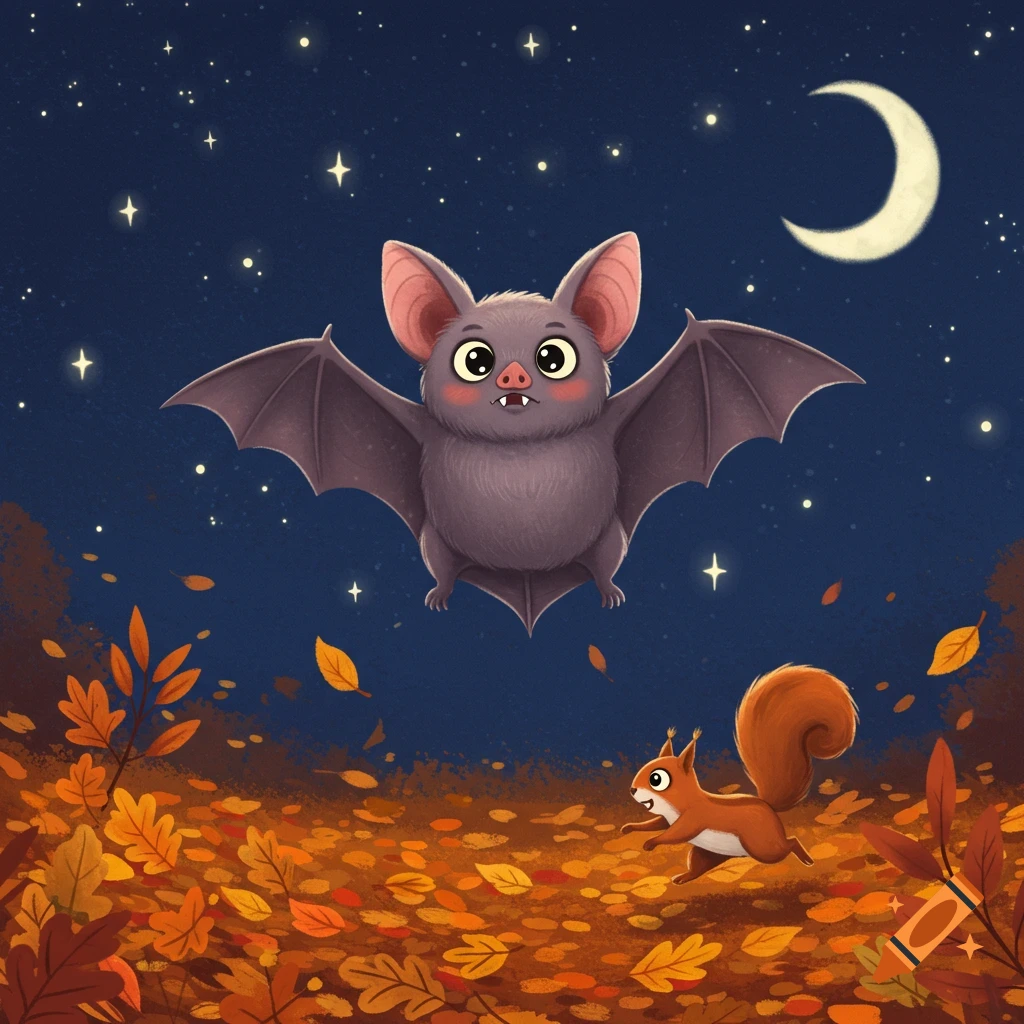 A cute cartoon bat flies above a squirrel scurrying through an autumn leaf-covered ground at night under a crescent moon.