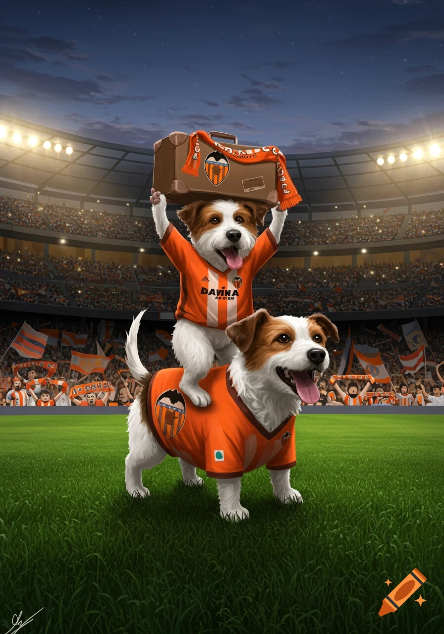 Two fluffy terrier-like dogs in orange soccer jerseys in a stadium. One dog stands on the other, holding a suitcase and scarf with a Valencia CF logo.
