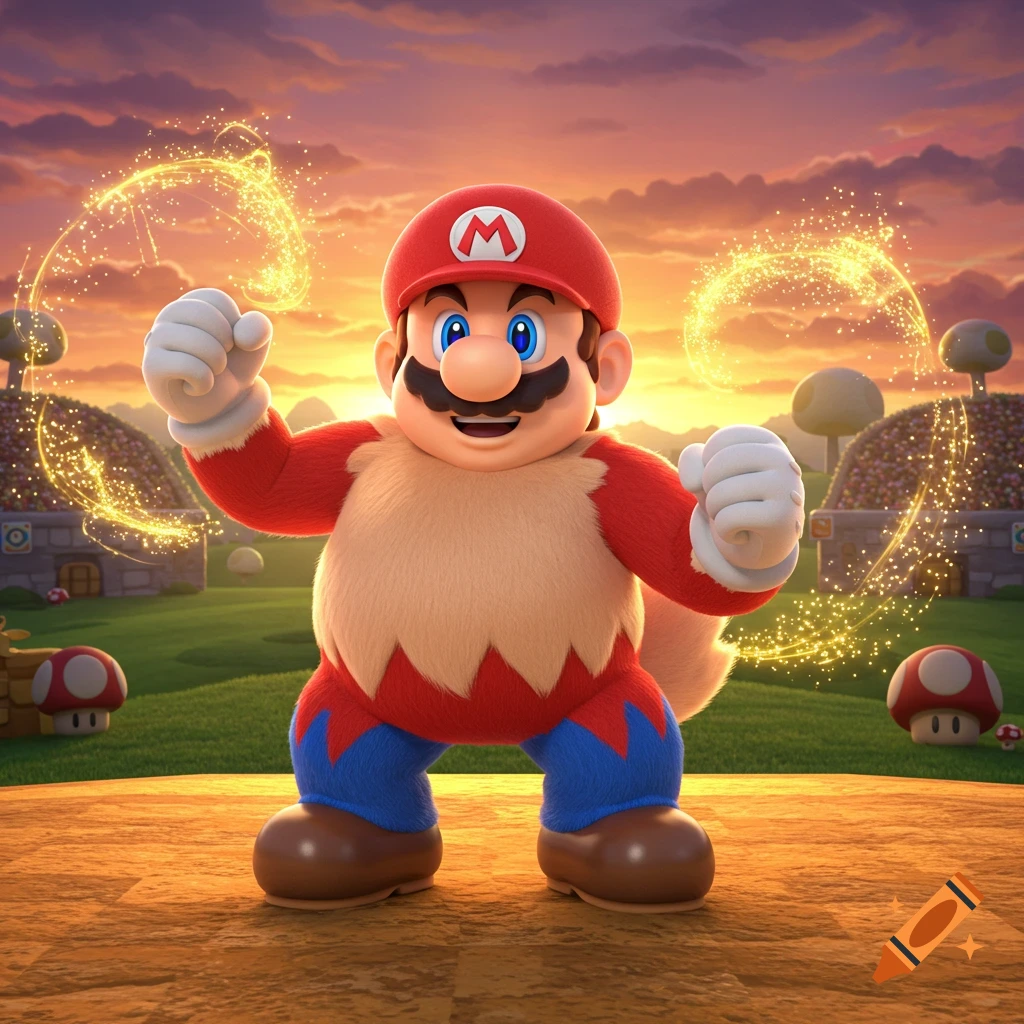 Stylized 3D rendering of Mario in a red and tan furry suit, fists clenched, standing in a grassy field with a sunset sky and golden sparks.