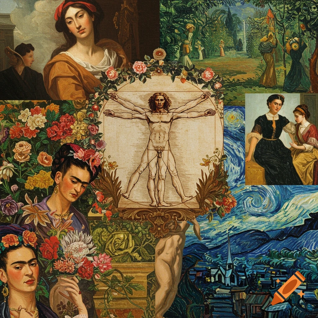 A vibrant collage of master paintings, including Leonardo da Vinci's Vitruvian Man, portraits of Frida Kahlo, and Vincent van Gogh's Starry Night.