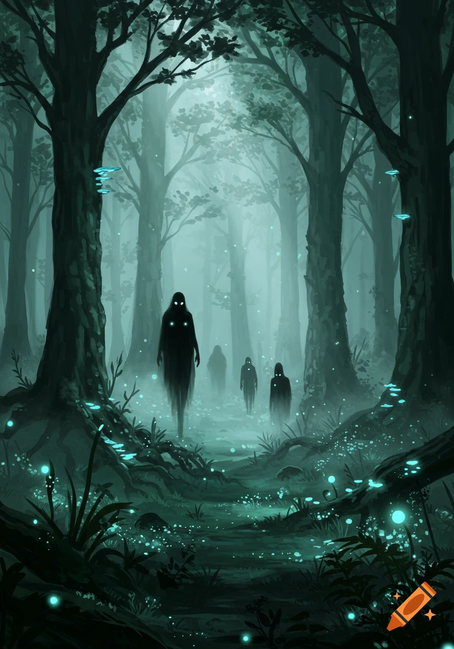 Dark, misty fantasy forest with glowing blue plants and several black, glowing-eyed ghost figures.
