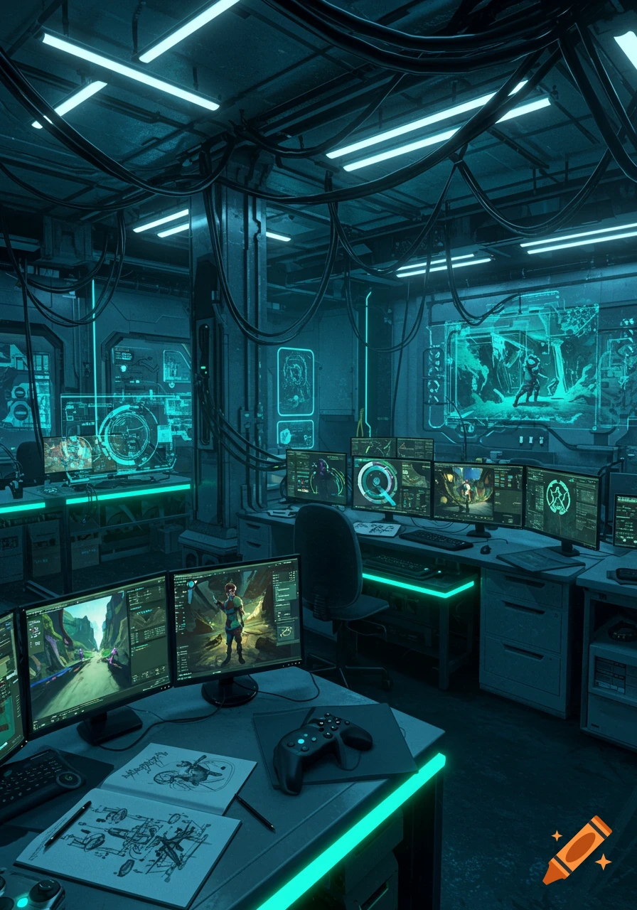 A cyberpunk video game lab with multiple monitors showing game content, glowing neon blue lights, and a gamepad on a desk.