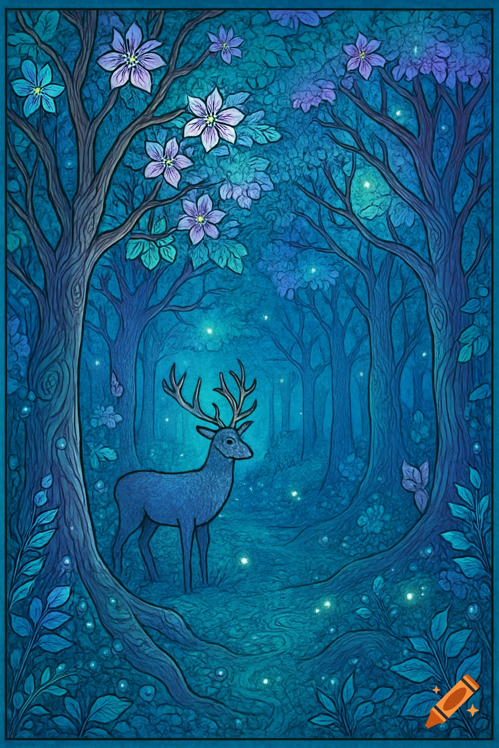A stylized illustration of a deer standing in a magical blue and purple forest with glowing plants and flowering trees.