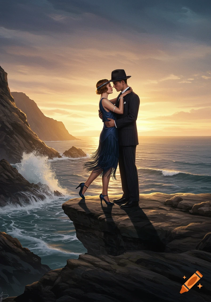 A romantic 1920s couple embraces on a cliff edge overlooking the ocean at sunset, rendered in a realistic painting.