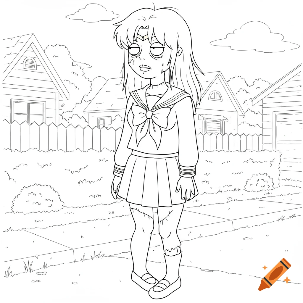 A zombie woman in an anime sailor school uniform stands on a sidewalk in a suburban neighborhood, in Family Guy line art style.